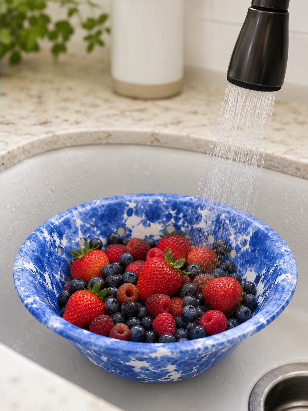 Handmade Blue & White Pottery Berry Bowl Ceramic Colander